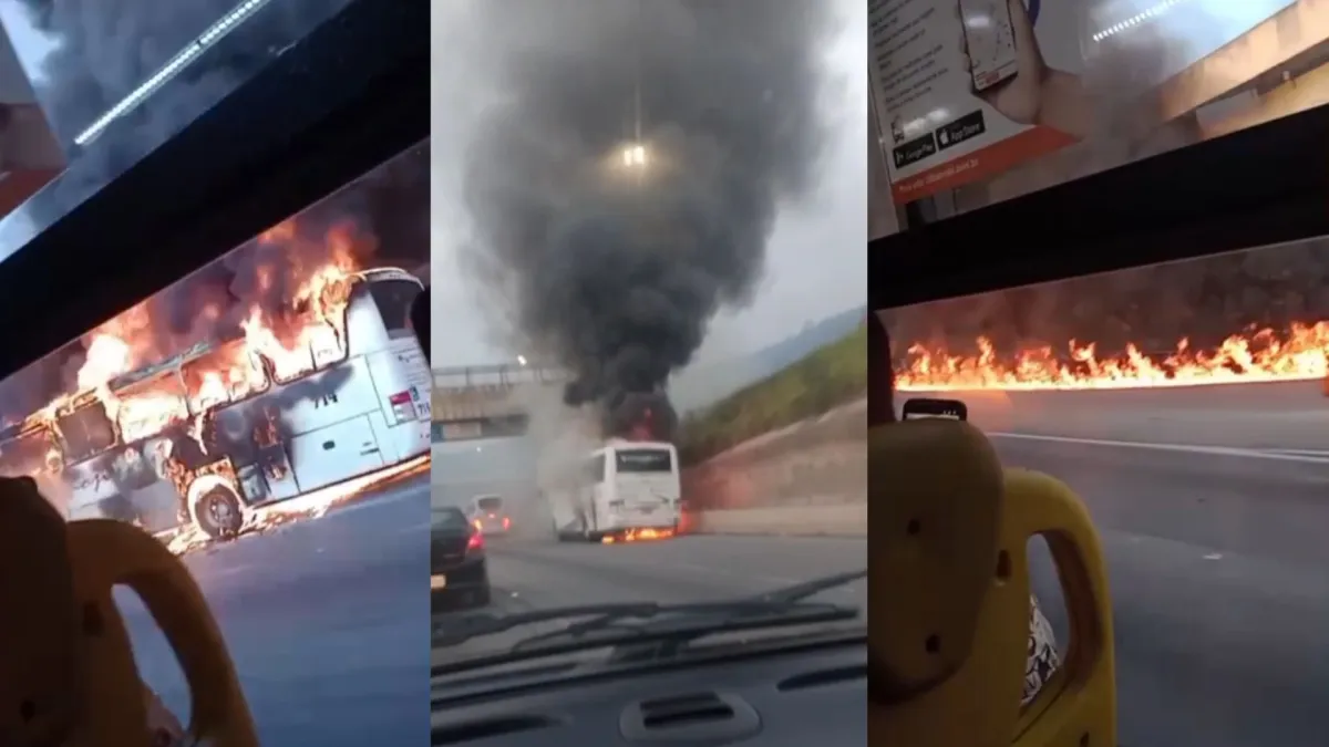 Vídeo: ônibus deixa rastro de fogo após incêndio na Rodovia Anhanguera (SP)