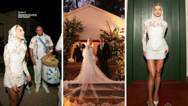 Giovanna Lancellotti faz 2º casamento com show da Beija-Flor e dois looks