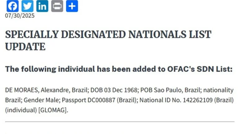 EUA sancionam Moraes com lei Magnitsky, usada pelo país para punir estrangeiros