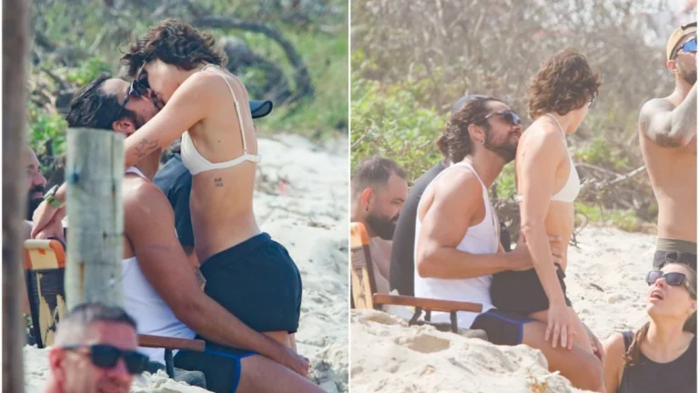 Agatha Moreira e Rodrigo Simas trocam beijos em praia no Rio
