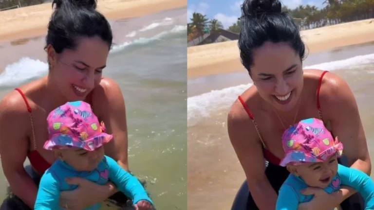 Graciele Lacerda mostra primeiro mergulho no mar da filha com Zezé; veja