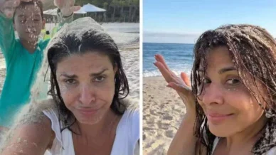Mara Maravilha brinca com filho único na praia e toma areia na cabeça