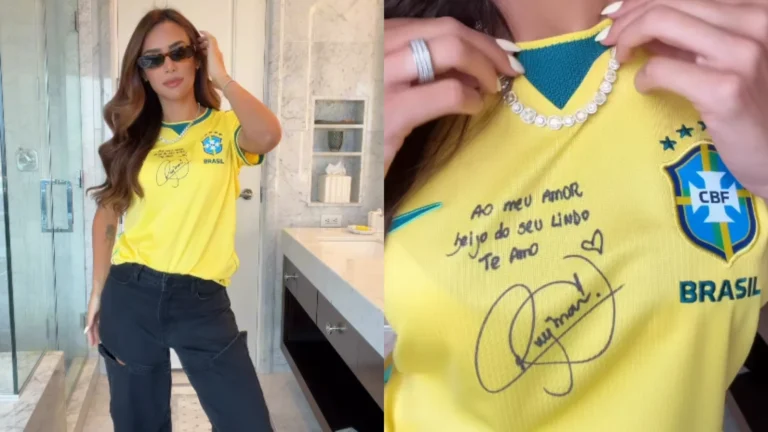 Grávida, Bruna Biancardi usa blusa com dedicatória de Neymar em jogo; veja