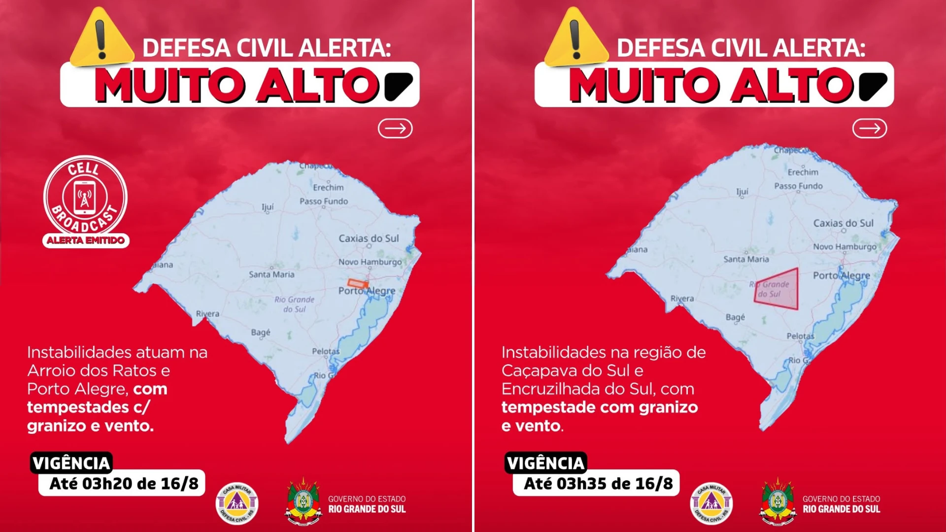 Defesa Civil envia dois alertas vermelhos para chuvas em quatro horas no RS