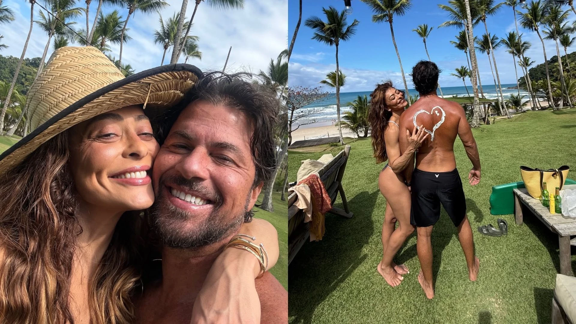Juliana Paes posa agarrada ao marido em praia paradisíaca