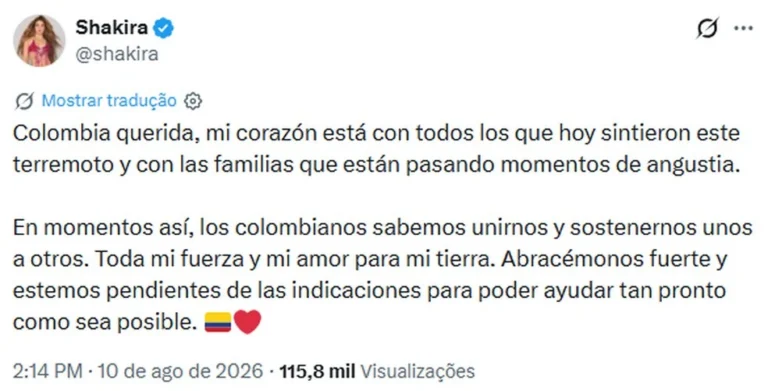 Shakira e outros famosos colombianos prestam solidariedade após terremoto no país