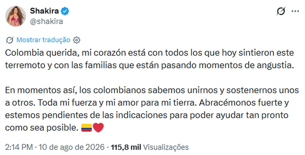 Shakira e outros famosos colombianos prestam solidariedade após terremoto no país